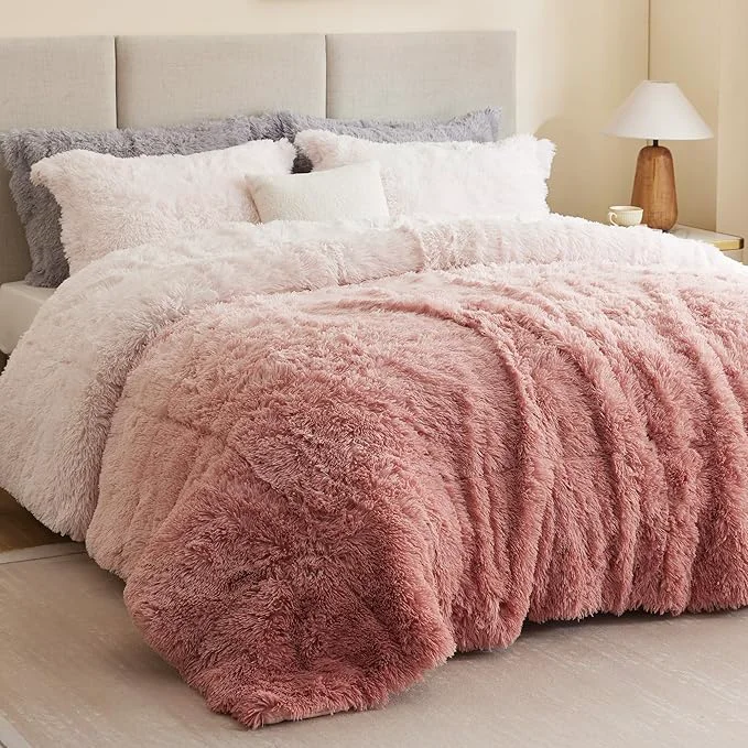 Excellent Intelligent Design Brielle Long Shaggy Faux Fur Comforter Set Plush Reverse Trendy Ombre Design Modern Cozy All Season Bedding Matching Sham Full Queen 90 quot x90 quot Blush 3 Piece Outstanding