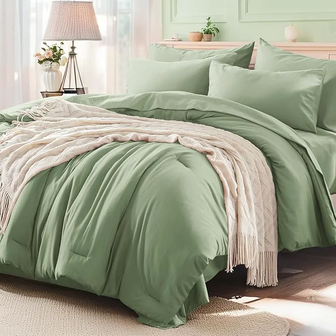 Luxury Anluoer Sage Green Full Comforter Set 7 Pieces Bed in a Bag with Sheets All Season Bedding Sets with 1 Comforter 2 Pillow Shams 2 Pillowcases 1 Flat Sheet 1 Fitted Sheet Organic