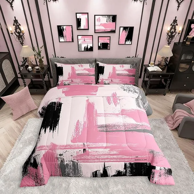 Easy-to-Use Erosebridal Abstract Pink Comforter Set Toddler Size Girly Black and Pink Comforter Set for Teens Girls Kids Geometric Modern Bedding Sets Minimalists Modern Striped Art Bed Sets for Women Men Premium