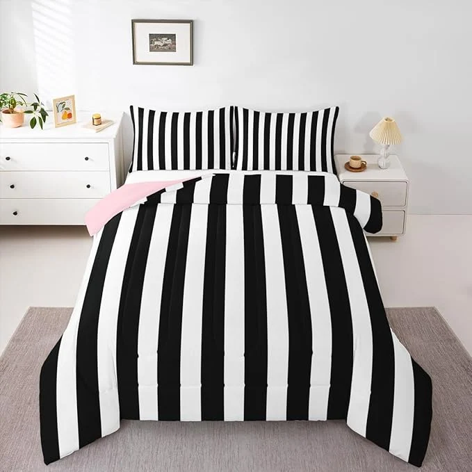 Excellent Erosebridal Black and White Striped King Comforter Set Pink Reversible Striped Bedding Set Pink and Black Comforter Sets for Kids Teens Adults Cute Pinstripe Girls Bed Quilt Sets Convenient