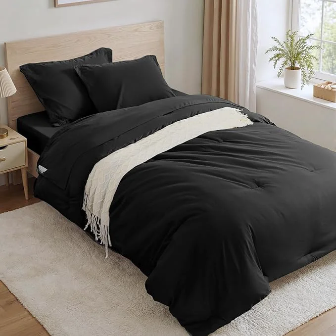 Natural Anluoer Black Twin Comforter Set 5 Pieces Bed in a Bag with Sheets All Season Bedding Sets with 1 Comforter 1 Pillow Sham 1 Pillowcase 1 Flat Sheet 1 Fitted Sheet Elite