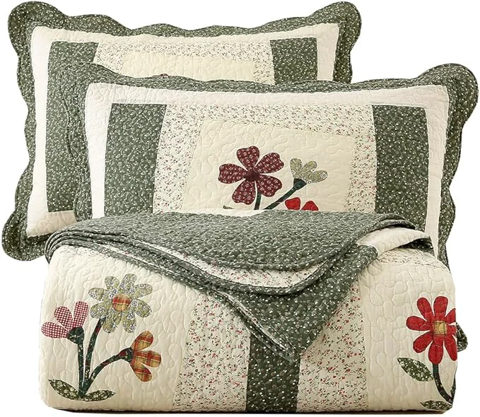 Prestigious vctops Farmhouse Green 2 Piece Embroidered Floral Quilted Bedspread Quilt Set Cotton Reversible Patchwork Coverlet Set 1 Quilt and 1 Pillow Sham Green Twin Luxury