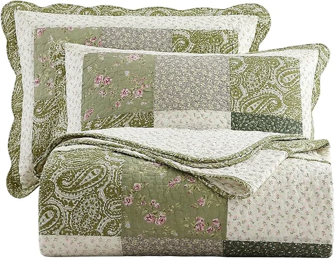Convenient vctops Farmhouse Green 3 Piece Patchwork Quilted Set Floral Embroidery Cotton Bedding Set Lightweight Reversible Bedspread Coverlet 1 Quilt 2 Pillow Shams Green Floral 91 quot x98 quot Practical