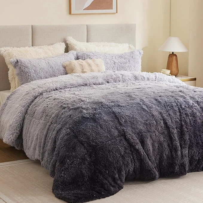 Solid Intelligent Design Brielle Long Shaggy Faux Fur Comforter Set Plush Reverse Trendy Ombre Design Modern Cozy All Season Bedding Matching Sham Twin Twin XL 66 quot x90 quot Grey 2 Piece Innovative