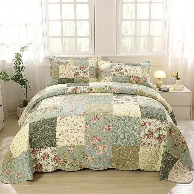 Expertly Made vctops Boho Patchwork Cotton Quilted Bedspread Quilt Set Queen Size 3 Pieces Soft Reversible Lightweight Coverlet Set Floral Print 1 Quilt and 2 Pillow Shams Green D Queen Stylish