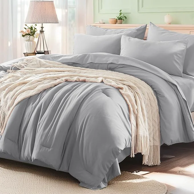 Flexible Anluoer Light Grey Queen Comforter Set 7 Pieces Bed in a Bag with Sheets All Season Bedding Sets with 1 Comforter 2 Pillow Shams 2 Pillowcases 1 Flat Sheet 1 Fitted Sheet Proven