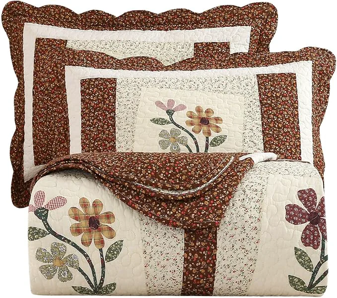 Comfortable vctops 3 Piece Embroidered Floral Quilted Bedspread Quilt Set Cotton Reversible Patchwork Coverlet Set 1 Quilt and 2 Pillow Shams Coffee Queen Elegant
