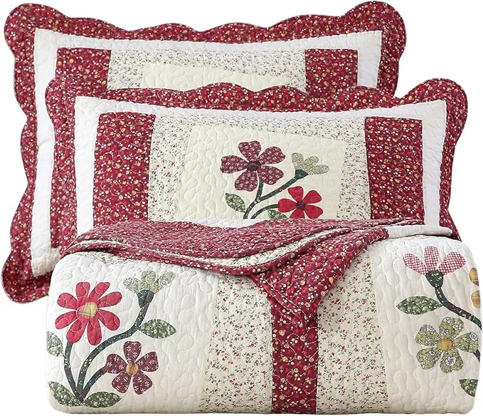 Dependable vctops Christmas Red 2 Piece Embroidered Floral Quilted Bedspread Quilt Set Cotton Reversible Patchwork Coverlet Set 1 Quilt and 1 Pillow Sham Red Twin Excellent