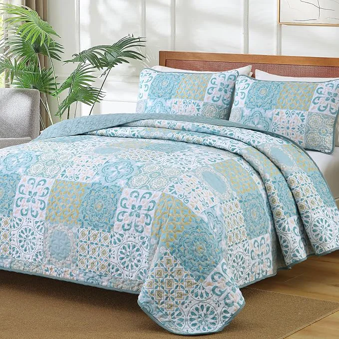Versatile Dobuyly Patchwork Quilt Set Queen Size Aqua Blue Boho Summer Bedspreads Coverlet Set 3 Pieces Soft Lightweight Microfiber Quilt Bedding Set for All Seasons 96 quot x90 quot Consistent