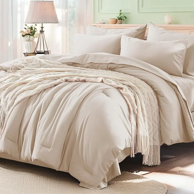 Powerful Anluoer Beige Queen Comforter Set 7 Pieces Bed in a Bag with Sheets All Season Bedding Sets with 1 Comforter 2 Pillow Shams 2 Pillowcases 1 Flat Sheet 1 Fitted Sheet Comfortable