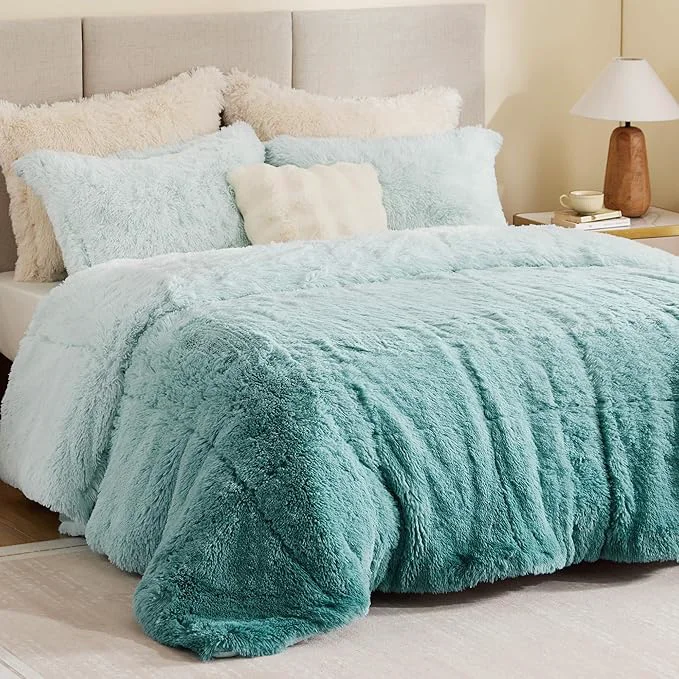 Practical Intelligent Design Brielle Long Shaggy Faux Fur Comforter Set Plush Reverse Trendy Ombre Design Modern Cozy All Season Bedding Matching Sham Twin Twin XL 66 quot x90 quot Aqua 2 Piece