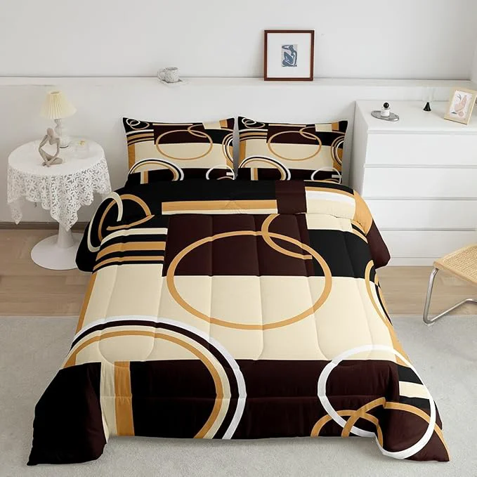 Premium Erosebridal Modern Geometric Comforter Set Twin Size Brown Black Stripes Down Comforter for Kids Adult Retro Circle Swirls Bedding Set Bedroom Decor Abstract Texture Color Art Comforter Comfortable