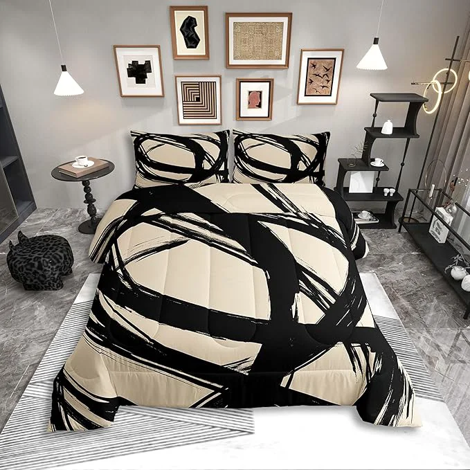 Powerful Black and Beige Striped Bedding Set Full Size for Adults Youth Teens Contemporary Boho Modern Art Comforter Set Graffiti Stripes Lines Quilt Aesthetic Geometric Duvet Insert for Minimalists Casual
