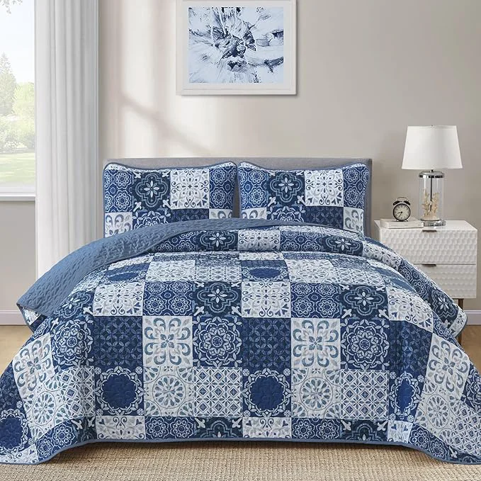 Safe Dobuyly Boho Quilt Set Queen Size Navy Blue Plaid Patchwork Bedspread Coverlet Set 3 Pieces Summer Quilt Bedding Set Soft Lightweight Navy Boho Farmhouse Bed Cover for All Seasons 96 quot x90 quot