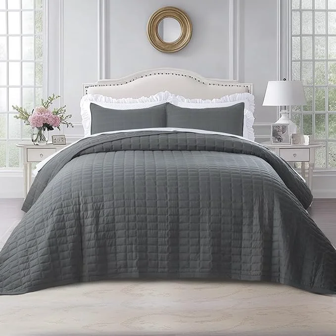 Breathable KASENTEX Queen Quilt Set 90 quot x90 quot – Soft Washed 3-Layer Lightweight Bedspread Minimalist Nordic Design All-Season Spring amp Summer Quilt Set 1 Quilt 2 Pillow Shams Dark Grey Selected