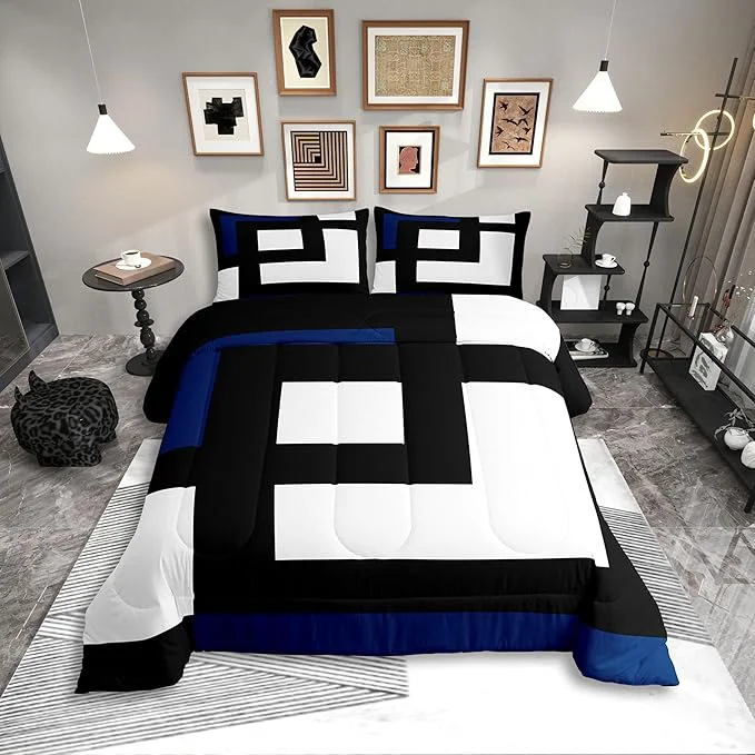 Safe Erosebridal Blue Black and White Striped King Bedding Set Square Abstract Comforter Set for Adult Women Men Modern Geometric Stripes Bold Lines Bed Collections Minimalist Plaids Quilt Sets Classic