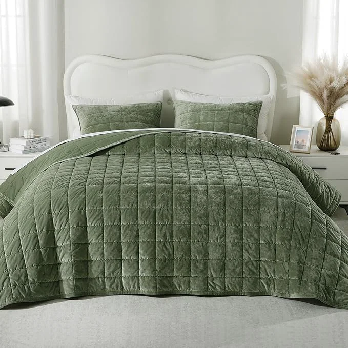 Smooth KASENTEX Greek Velvet Twin Quilt Set 3× Softer Luxe Sheen Cotton Backing 150GSM Down- Fill Expanded 68×90 quot Coverage for Fuller Side Drape 1 Quilt 1 Pillow Shams Loden Green World-Class
