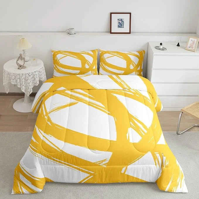 Safe Erosebridal Yellow and White Striped King Bedding Set for Kids Teens Adults Geometric Striped Comforter Set for Minimalists Graffiti Aesthetic Lines Duvet Insert Contemporary Boho Modern Art Quilt Premium