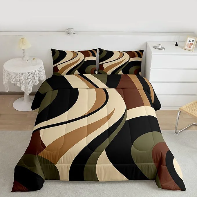 Prestigious Green Brown Spiral Twin Comforter Set for Adult Women Men Modern Swirls Stripes Abstract Bedding Set for Minimalists Boho Aesthetic Geometric Bed Sets Graffiti Art Lines Quilt Duvet Insert Sophisticated
