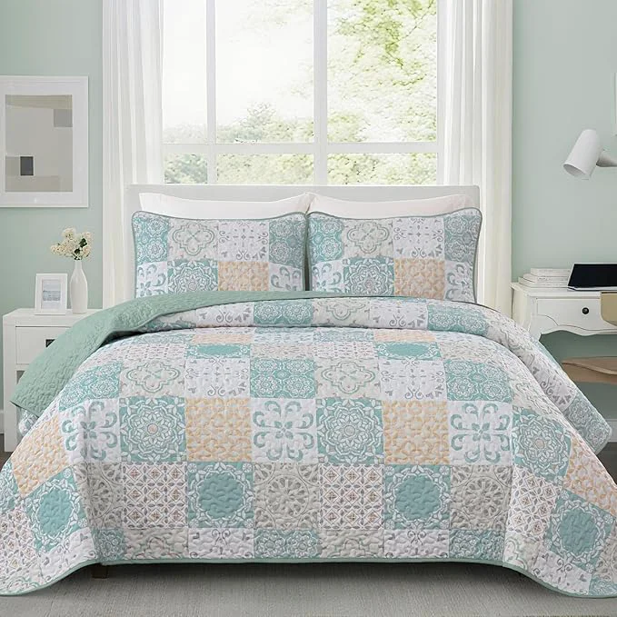 Outstanding Dobuyly Patchwork Quilt Set Queen Size 3 Pieces Sage Green Yellow Boho Plaid Bedspreads Summer Plaid Floral Coverlet Set Soft Lightweight Microfiber Quilted Bedding Set for All Seasons 96 quot x90 quot Practical