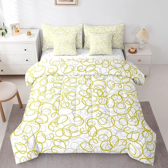 High-Quality Erosebridal Geometric 7 Piece Comforter Set Full Bed in A Bag Yellow White Abstract Lines Bedding Set for Boys Girls Bedroom Modern Abstract Texture Quilt Contemporary Swirls Aesthetic Sheet Set Certified