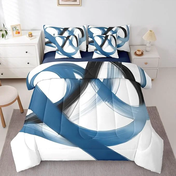 Fine Crafted Erosebridal Abstract Navy Blue 7 Piece Comforter Set Queen Bed in A Bag Geometric Minimalist Lines Bedding Set Modern Ink Painting Stripes Quilt Simple Aesthetic Fashion Neutral Sheet Set for Men Safe