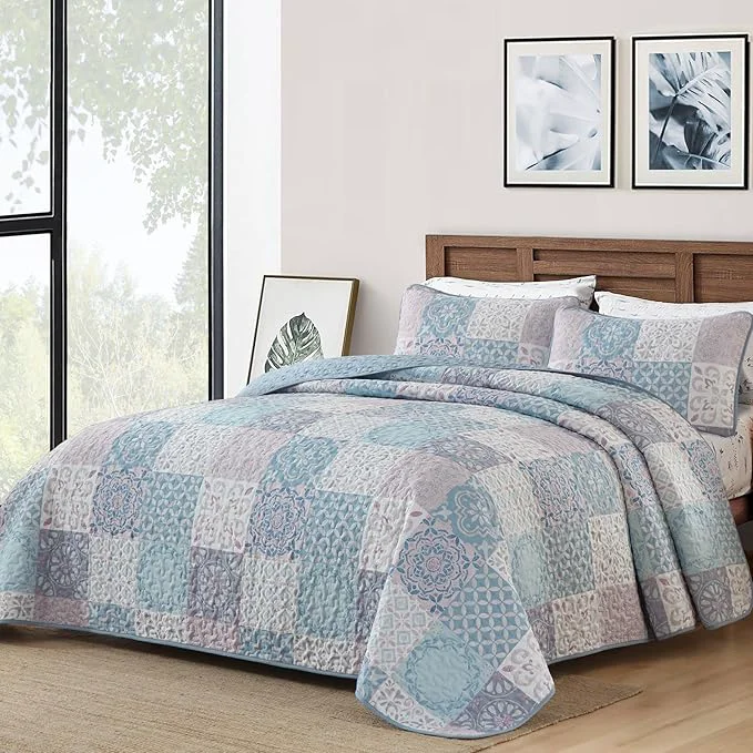 Unique Dobuyly Quilt Set King Size Light Blue Pink Patchwork Bedspread 3 Pieces Boho Plaid Summer Coverlet Set Soft Lightweight Quilt Bedding Set for All Seasons 110 quot x90 quot Safe