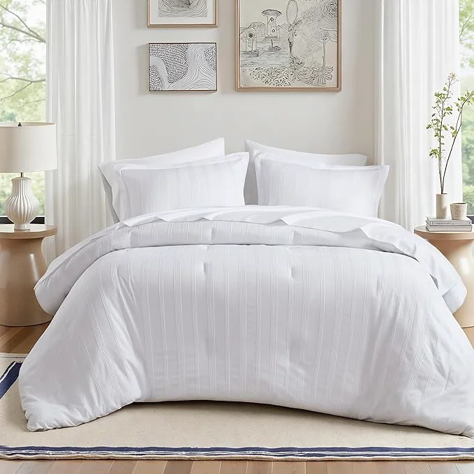 Crafted Madison Park Essentials Striped Comforter Set Full 7 Pieces Modern Minimalist Jacquard Bedding Set for All Season Bed in A Bag with Sheet Set and Soft Brushed Reverse Lightweight White Safe