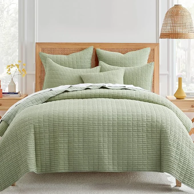Trendy Levtex Home Mills Waffle Full Queen Quilt Set 88x92in with 2 Pillow Shams 26x20in - Desert Sage - Cotton Full Queen Size Quilt Bedding Set - Lightweight Soft Pre-Washed Solid