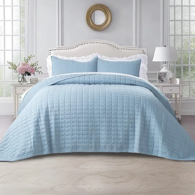 Crafted KASENTEX Queen XL Quilt Set 98 quot x98 quot – Soft Washed 3-Layer Lightweight Bedspread Minimalist Nordic Design All-Season Spring amp Summer Quilt Set 1 Quilt 2 Pillow Shams Grey Blue Solid