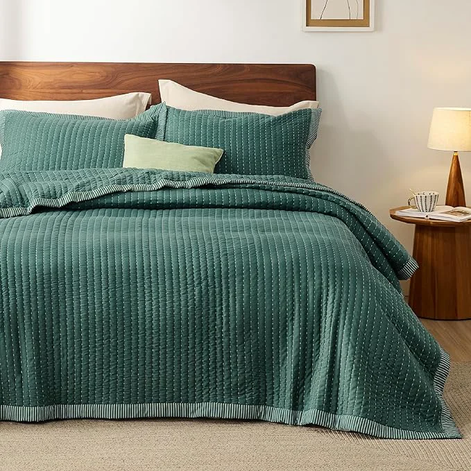 World-Class Bedsure Dark Green Quilts King Size - King Quilt Bedding Set Bedspread Coverlet Lightweight Corduroy Pattern Bedspread 3-Piece Set with 106 quot x96 quot Coverlet amp 2 Pillow Shams All-Season Soft Microfiber Optimized
