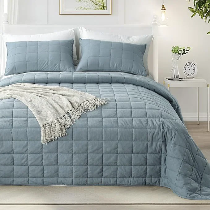 Excellent KASENTEX Twin Quilt Set 68 quot x86 quot – Soft Washed 3-Layer Lightweight Bedspread Minimalist Nordic Design All-Season Spring amp Summer Quilt Set 1 Quilt 2 Pillow Shams Corduroy Blue Powerful