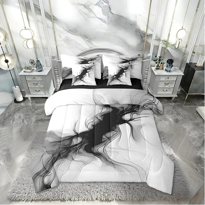 Professional Erosebridal Black and White 7 Piece Comforter Set King Abstract Bedroom Decor for Men Teens Modern Ombre Grey Marble Bedding Set Elegant Ink Texture Neutral Sheet Set Marbling Minimalist Art Quilt Versatile