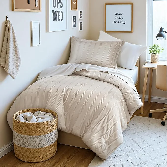 Recyclable Madison Park Essentials Striped Comforter Set Twin XL 5 Pieces Modern Minimalist Jacquard Bedding Set for All Season Bed in A Bag with Sheet Set and Soft Brushed Reverse Lightweight Neutral Responsible
