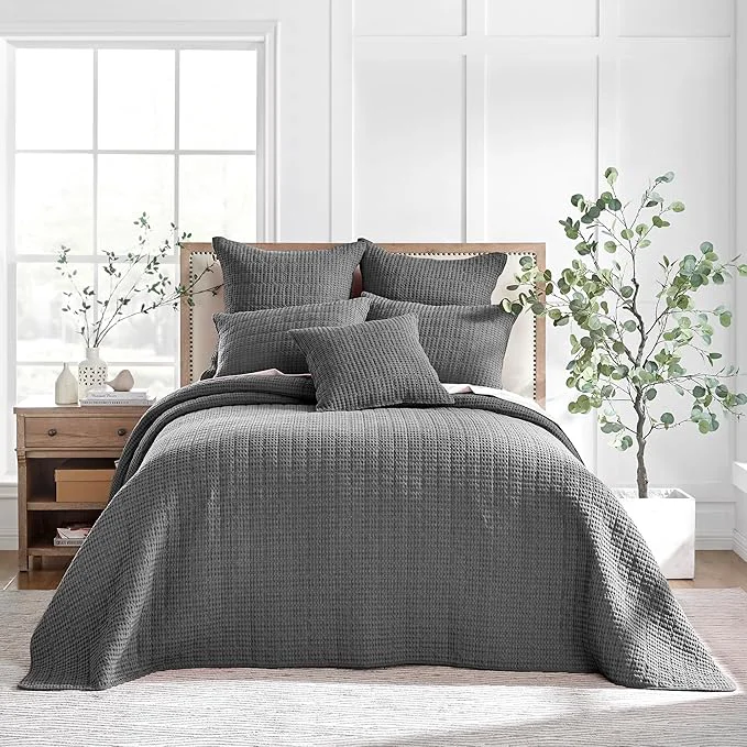 Clean Levtex Home Mills Waffle King Bedspread Set 120x104in with 2 Pillow Shams 36x20in - Charcoal - Cotton King Size Bedspread Set - Soft Pre-Washed Crafted