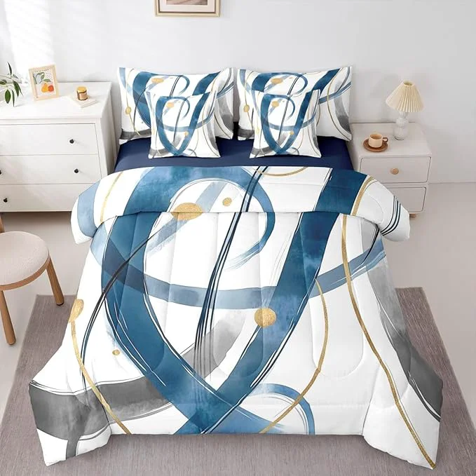 Casual Erosebridal Blue Abstract 7 Piece Comforter Set Twin Modern Gold Grey Line Bedding Set Minimalist Simple Cool Unique Geometric Comforter for Man Teens Fashion Aesthetic Sheet Set Room Decor Authentic