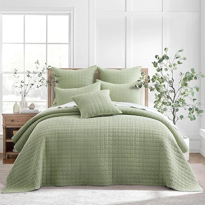 Convenient Levtex Home Mills Waffle Full Bedspread Set 100x104in with 2 Pillow Shams 26x20in - Desert Sage - Cotton Full Size Bedspread Set - Lightweight Soft Pre-Washed High-Performance