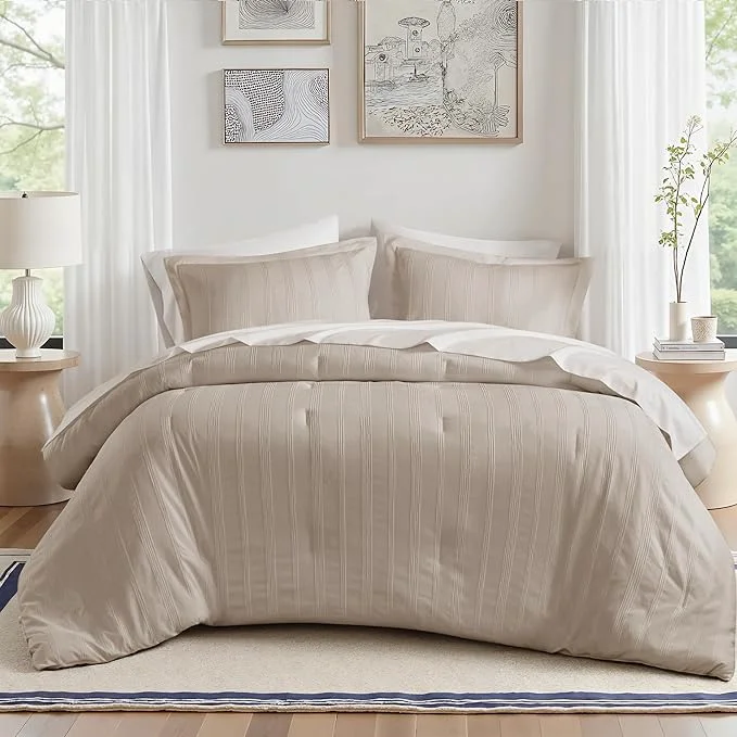 High-Quality Madison Park Essentials Striped Comforter Set Full 7 Pieces Modern Minimalist Jacquard Bedding Set for All Season Bed in A Bag with Sheet Set and Soft Brushed Reverse Lightweight Neutral Sustainable