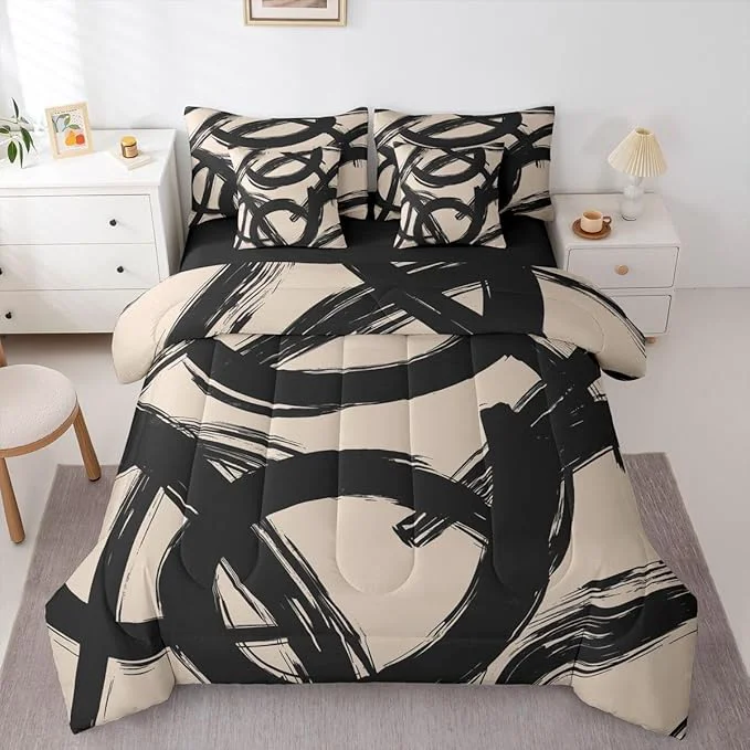 Expertly Made Erosebridal Black Beige Abstract 7 Piece Comforter Set Twin Bed in A Bag Modern Graffiti Minimalist Line Bedding Set Simple Cool Unique Geometric Sketch Sheet Set Ink Painting Aesthetic Quilt Quality