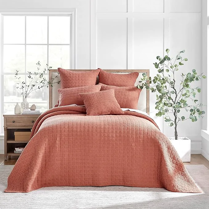 Exclusive Levtex Home Mills Waffle King Bedspread Set 120x104in with 2 Pillow Shams 36x20in - Adobe - Cotton King Size Bedspread Set - Soft Pre-Washed Pure