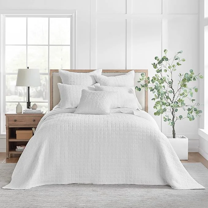 Crafted Levtex Home Mills Waffle Twin Bedspread Set 84x104in with 1 Pillow Sham 26x20in - Bright White - Cotton Twin Size Bedspread Set - Lightweight Soft Pre-Washed Elite
