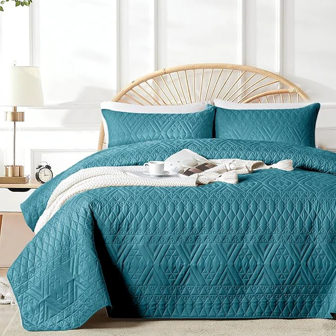 Detailed akkialla Full Queen Quilt Set Teal Lightweight Microfiber Bedspread Coverlet Boho Geometric Pattern Soft All-Season Bedding 3-Piece 1 Quilt 2 Pillow Shams Breathable material Modern Style Fine Crafted