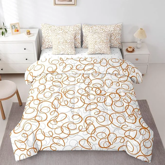 Reusable Erosebridal Geometric 7 Piece Comforter Set Full Bed in A Bag Orange White Abstract Lines Bedding Set for Boys Girls Bedroom Modern Abstract Texture Quilt Contemporary Swirls Aesthetic Sheet Set Recyclable