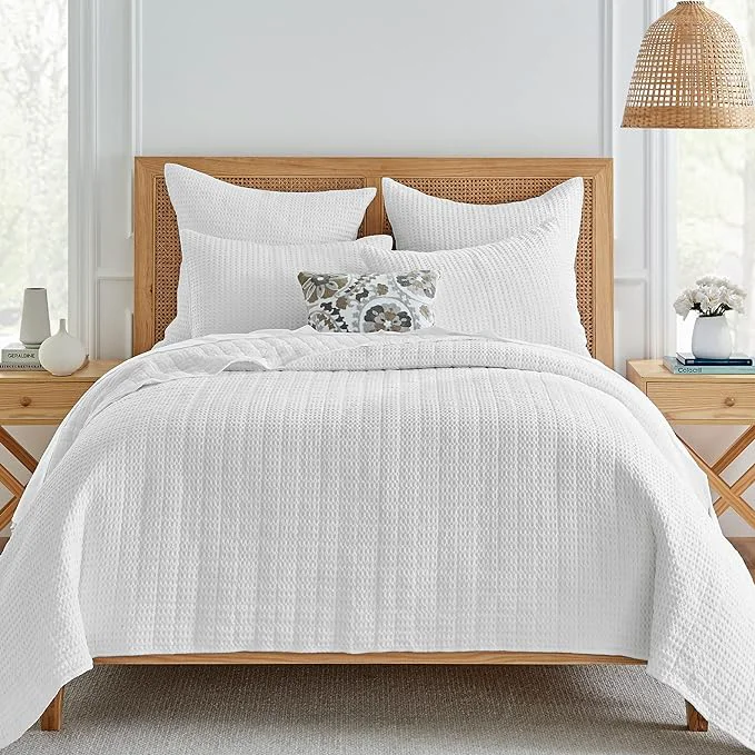 Sustainable Levtex Home Mills Waffle Full Queen Quilt Set 88x92in with 2 Pillow Shams 26x20in - Bright White - Cotton Full Queen Size Quilt Bedding Set - Lightweight Soft Pre-Washed Exclusive