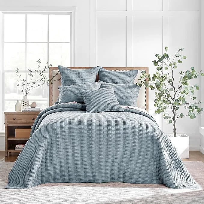 Luxury Levtex Home Mills Waffle King Bedspread Set 122x106in with 2 Pillow Shams 36x20in - Chambray - Cotton Waffle King Size Bedspread Set - Soft Pre-Washed Fine