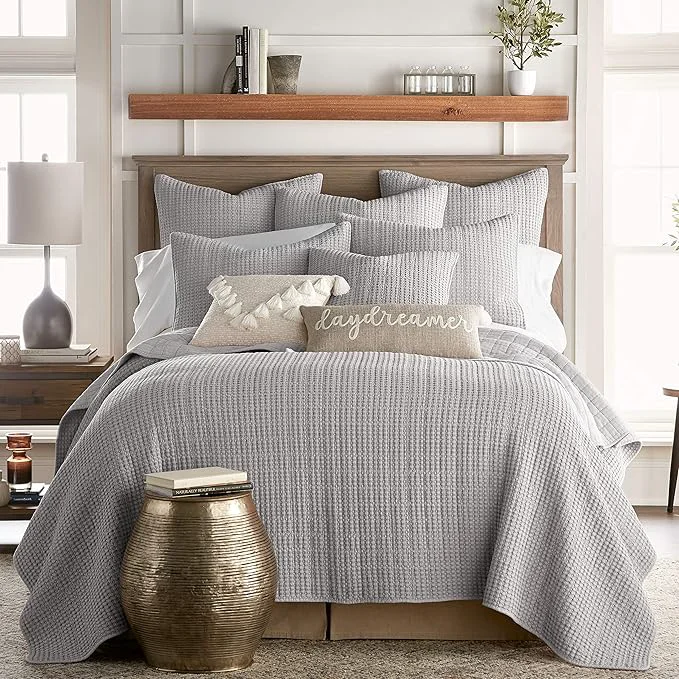 Smart Levtex Home Mills Waffle King Cal King Quilt Set 106x92in with 2 Pillow Shams 36x20in - Grey - Cotton Waffle King Size Quilt Bedding Set - Lightweight Soft Pre-Washed Outstanding