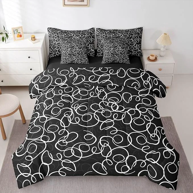 Casual Erosebridal Black White Geometric 7 Piece Comforter Set Twin Abstract Line Modern Art Bedding Set for Kids Teens Boys Chic Swirls Bed in A Bag Texture Artwork Sheet Set Bedroom Decor Environmentally Friendly