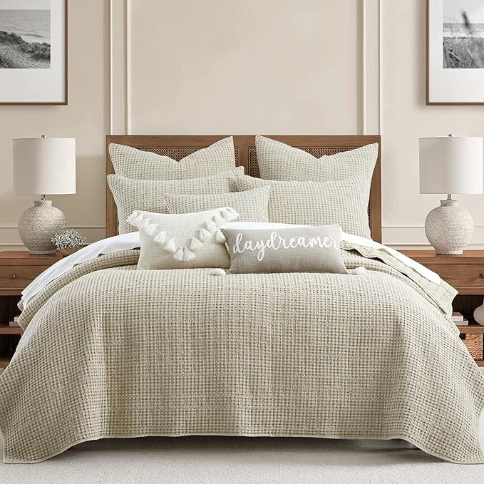 Fashionable Levtex Home Mills Waffle Full Queen Quilt Set 88x92in with 2 Pillow Shams 26x20in - Wheat - Cotton Waffle Full Queen Size Quilt Bedding Set - Lightweight Soft Pre-Washed Textured Official