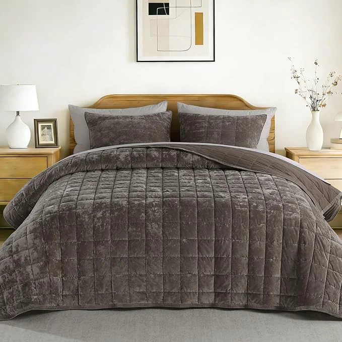 Smooth KASENTEX Greek Velvet Queen Quilt Set 3× Softer Luxe Sheen Cotton Backing 150GSM Down- Fill Expanded 98×98 quot Coverage for Fuller Side Drape 1 Quilt 2 Pillow Shams Fossil High-Grade