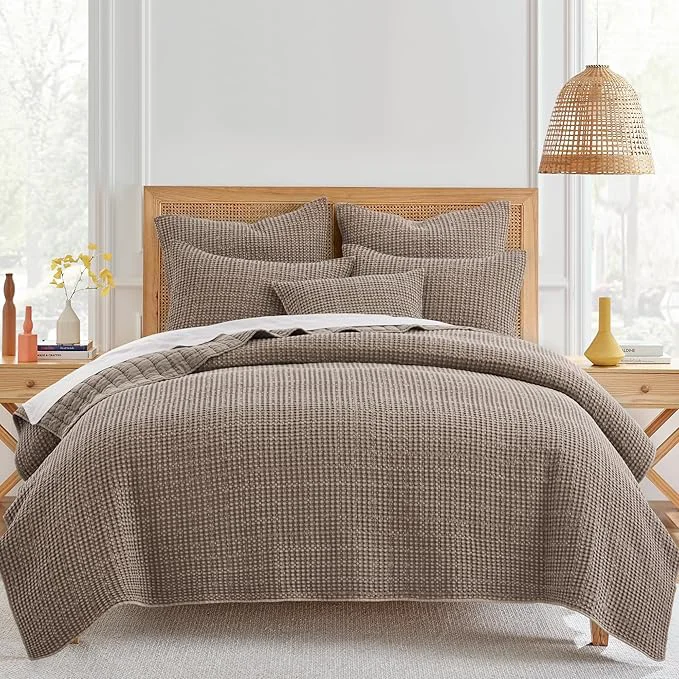 Green Levtex Home Mills Waffle Twin XL Twin Quilt Set 68x86in with 1 Pillow Sham 26x20in - Cocoa - Cotton Waffle Twin Size Quilt Bedding Set - Lightweight Soft Pre-Washed Sustainable